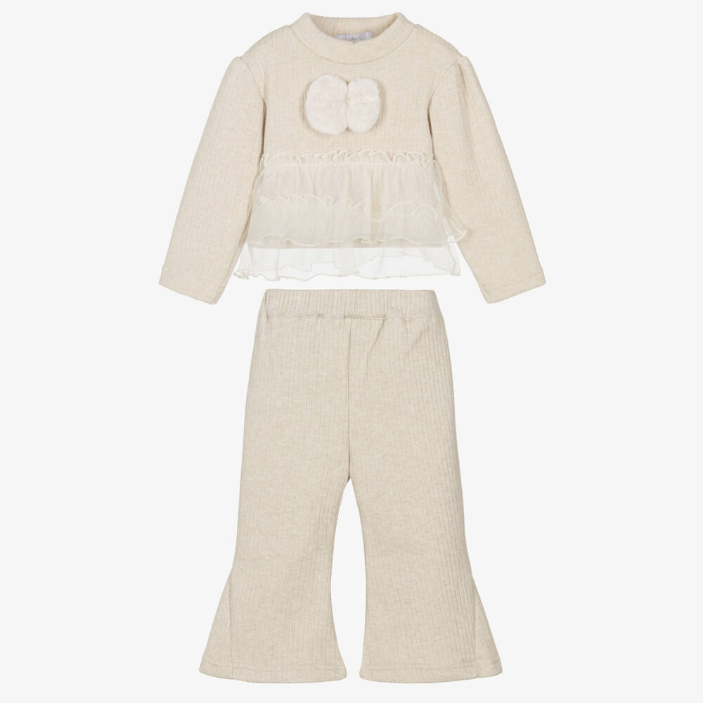 Beau KiD-Girls Beige Ribbed Jersey Trouser Set with Organza Ruffles | Childrensalon Outlet