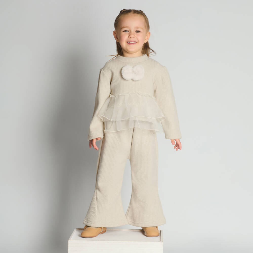Beau KiD-Girls Beige Ribbed Jersey Trouser Set with Organza Ruffles | Childrensalon Outlet