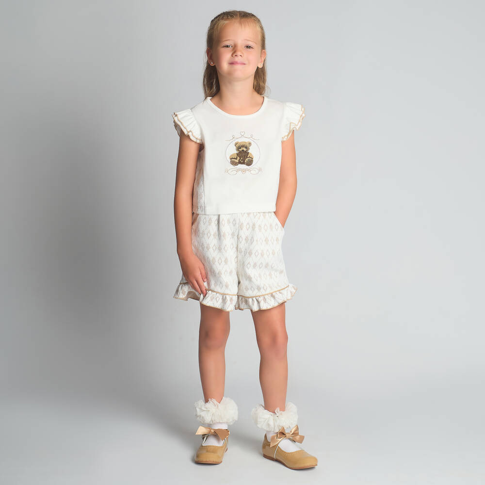 Beau KiD-Girls Beige & White Frilled Cotton Shorts Set | Childrensalon Outlet