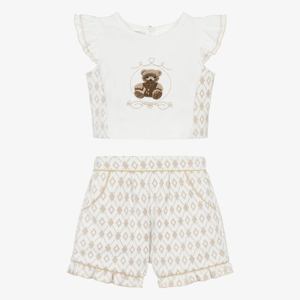 Beau KiD-Girls Beige & White Frilled Cotton Shorts Set | Childrensalon Outlet
