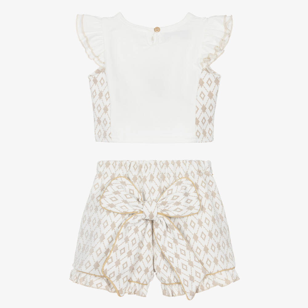 Beau KiD-Girls Beige & White Frilled Cotton Shorts Set | Childrensalon Outlet
