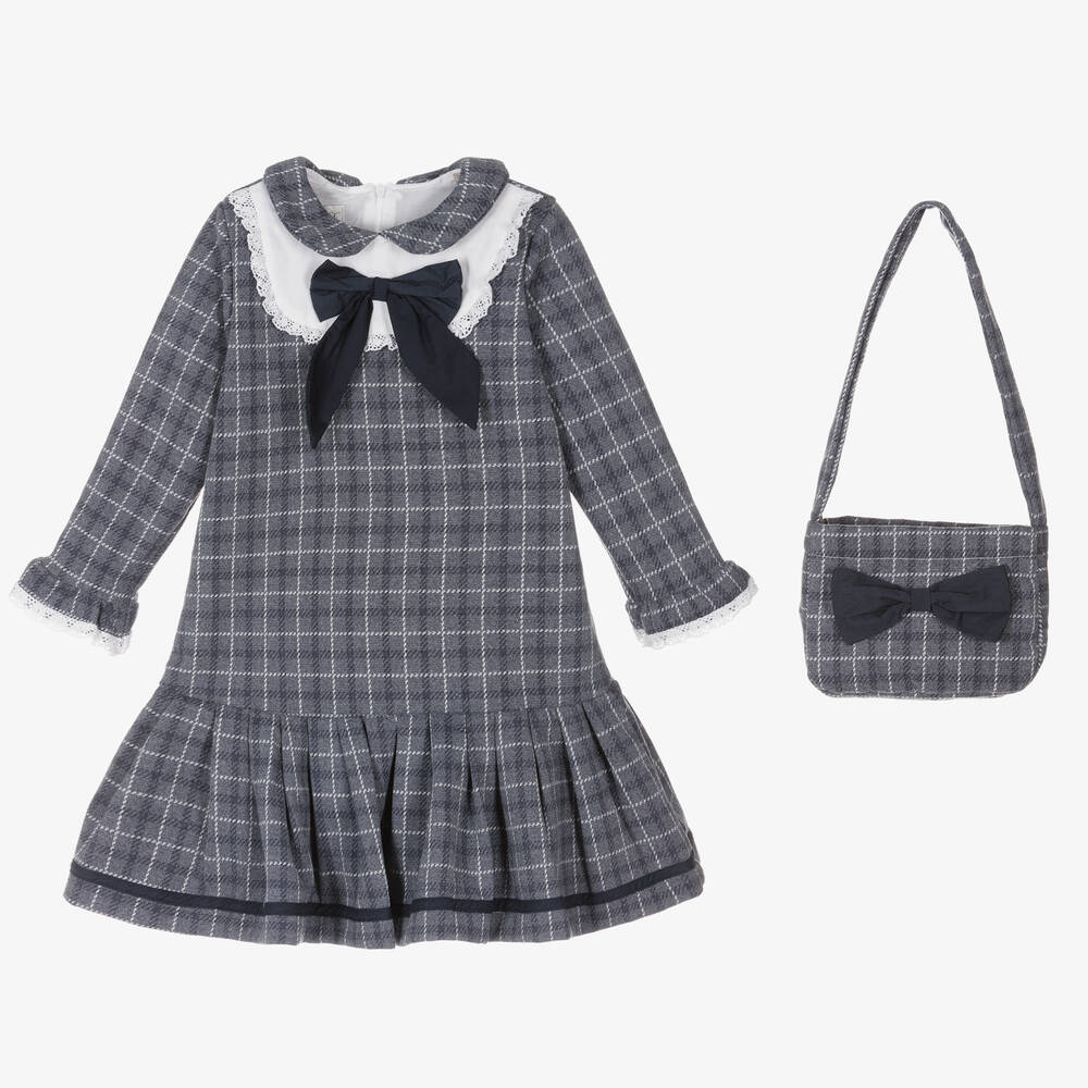 Beau KiD - Girls Blue Check Bow Collar Dress Set | Childrensalon