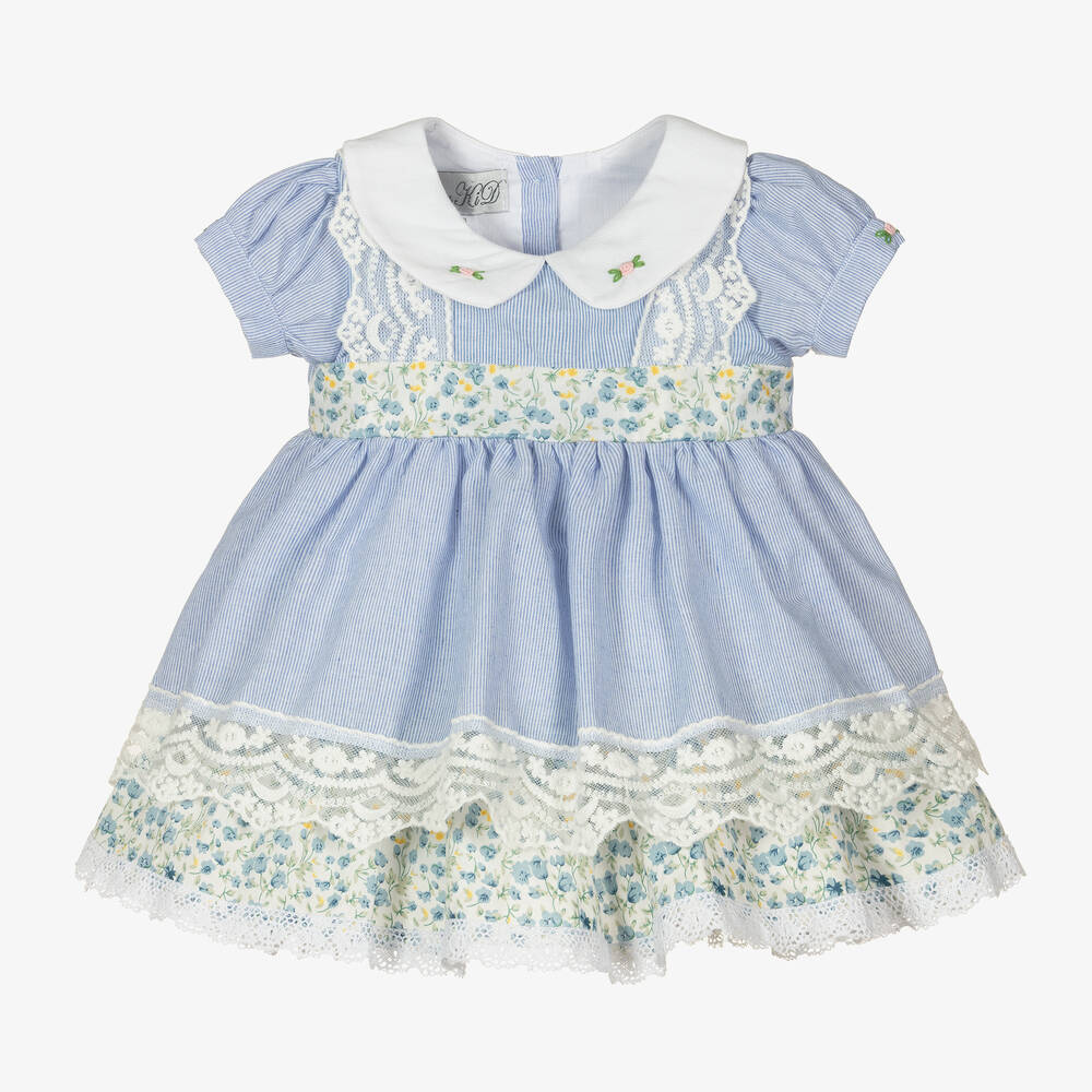 Beau KiD - Robe bleue coton et dentelle fille | Childrensalon