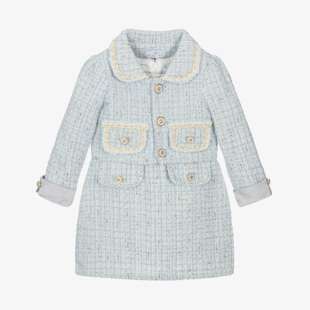 Beau KiD-Girls Blue & Gold Tweed Dress Set with Enamelled Buttons | Childrensalon Outlet