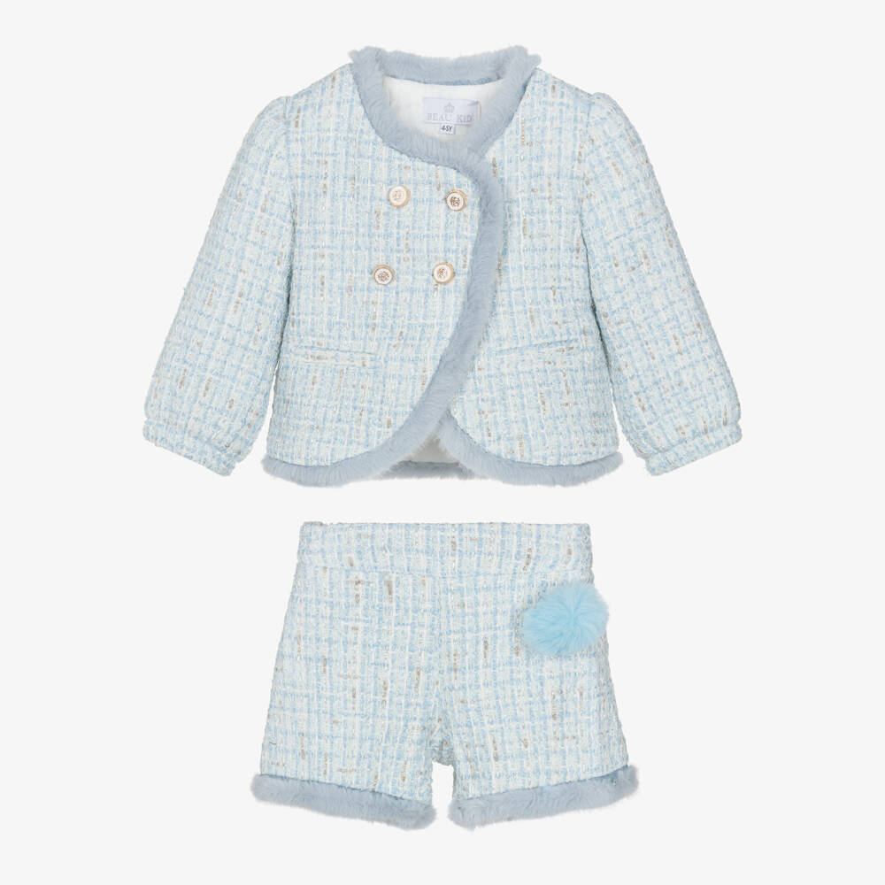 Beau KiD-Girls Blue Tweed Shorts Set with Faux Fur Trim | Childrensalon Outlet