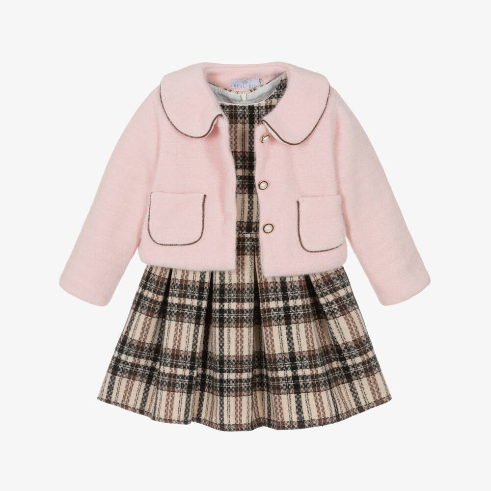 Beau KiD-Girls Brown & Beige Check Dress & Pink Jacket Set | Childrensalon Outlet
