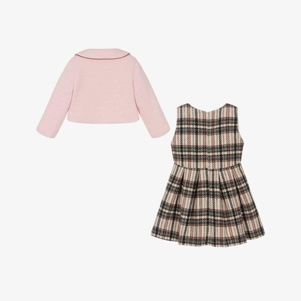 Beau KiD-Girls Brown & Beige Check Dress & Pink Jacket Set | Childrensalon Outlet