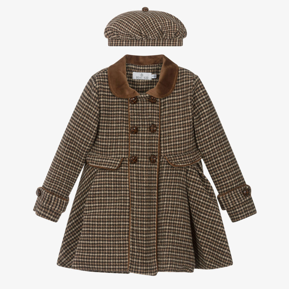 Beau KiD-Girls Brown Houndstooth Coat & Beret Set | Childrensalon Outlet