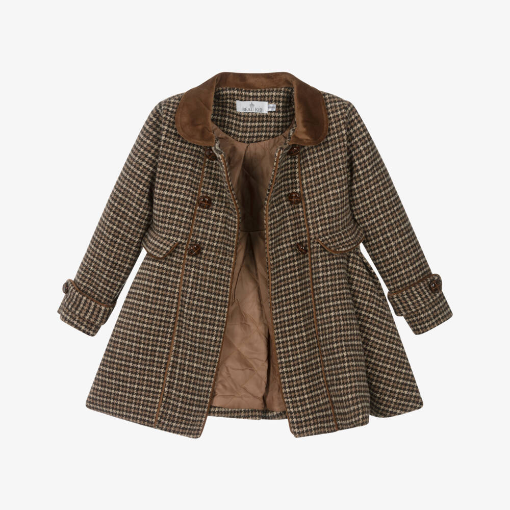 Beau KiD-Girls Brown Houndstooth Coat & Beret Set | Childrensalon Outlet