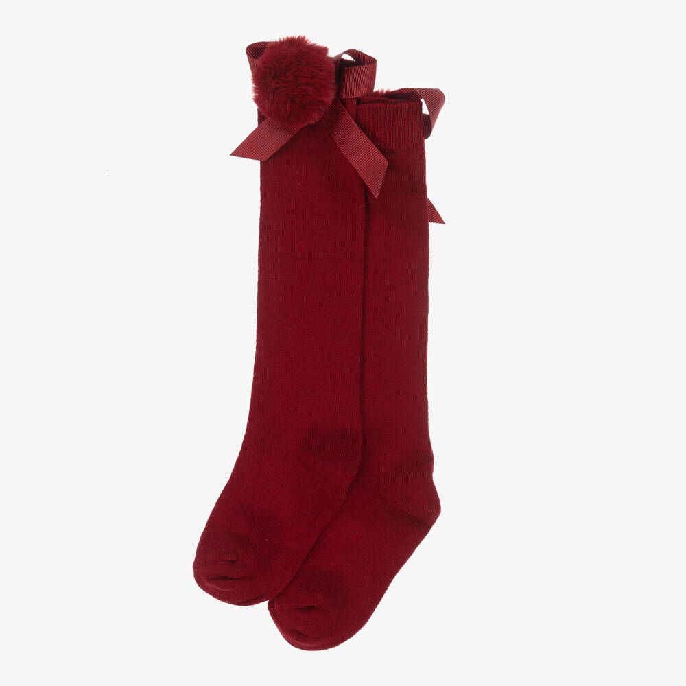 Beau KiD-Girls Burgundy Red Knee-Length Socks with Pom-Pom & Bows | Childrensalon Outlet