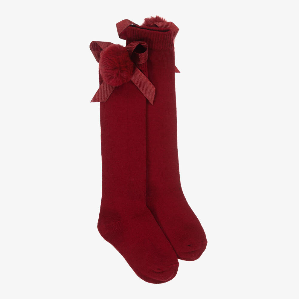 Beau KiD-Girls Burgundy Red Knee-Length Socks with Pom-Pom & Bows | Childrensalon Outlet