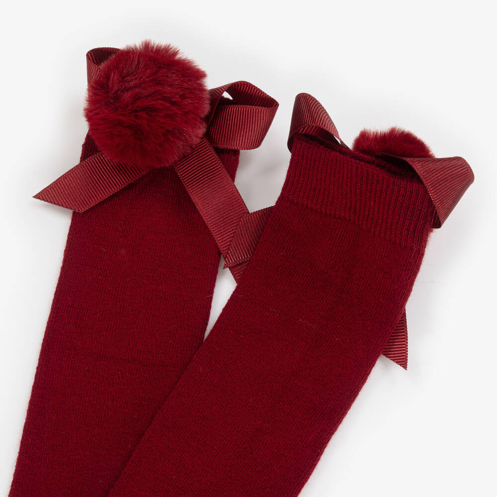 Beau KiD-Girls Burgundy Red Knee-Length Socks with Pom-Pom & Bows | Childrensalon Outlet
