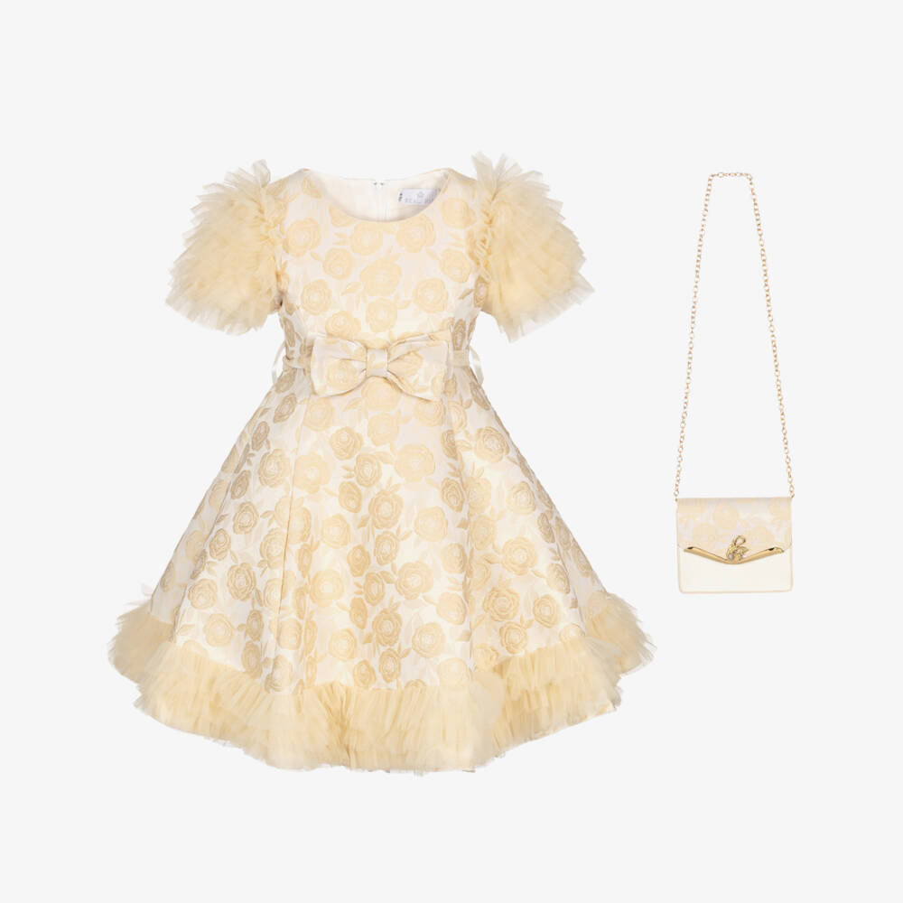Beau KiD-Girls Gold Floral Jacquard Dress & Bag Set | Childrensalon Outlet