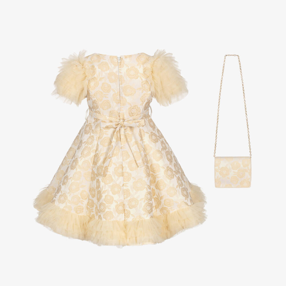 Beau KiD-Girls Gold Floral Jacquard Dress & Bag Set | Childrensalon Outlet
