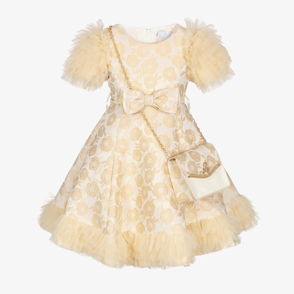 Beau KiD-Girls Gold Floral Jacquard Dress & Bag Set | Childrensalon Outlet