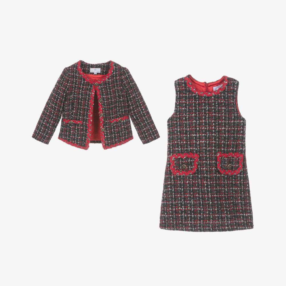 Beau KiD-Girls Grey & Red Tweed Jacket & Dress Set | Childrensalon Outlet