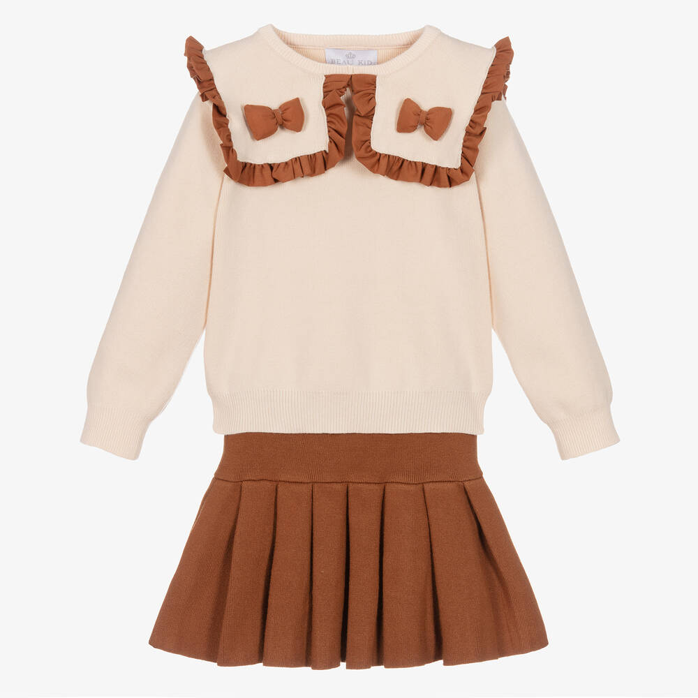 Beau KiD - Girls Ivory & Brown Knitted Skirt Set | Childrensalon