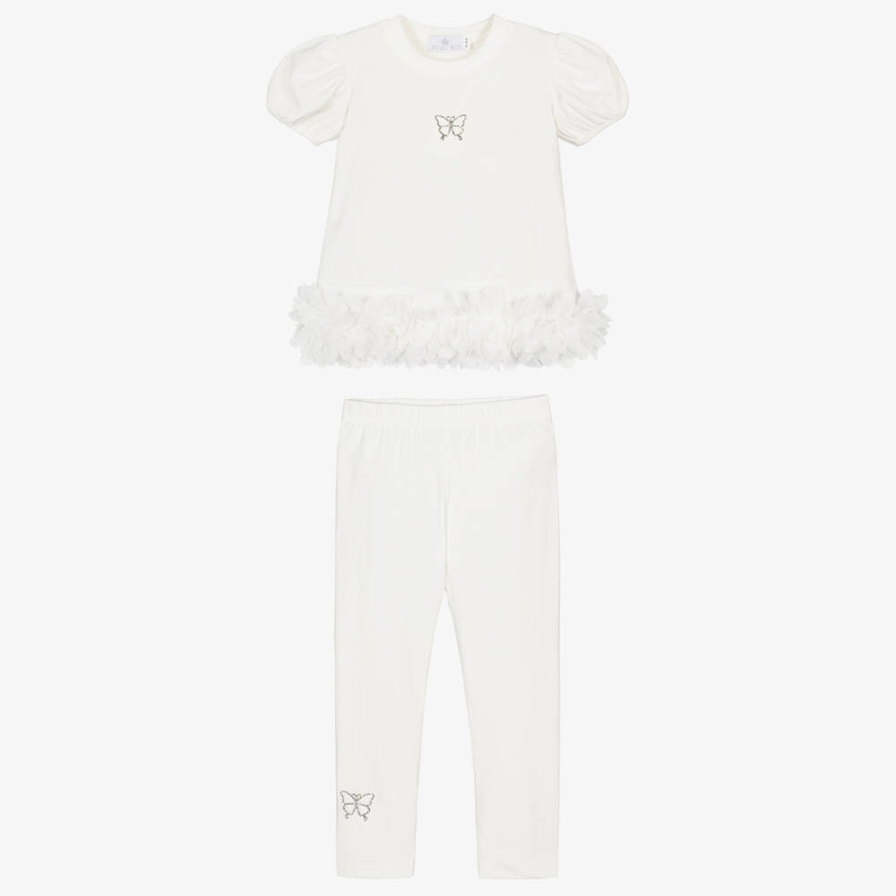 Beau KiD-Girls Ivory Cotton Ruffle Leggings Set with Diamanté Butterflies | Childrensalon Outlet
