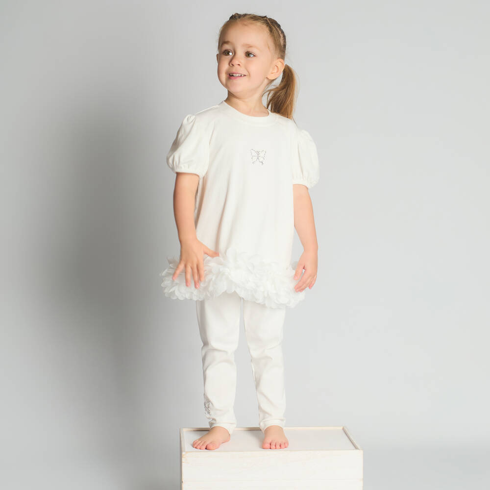 Beau KiD-Girls Ivory Cotton Ruffle Leggings Set with Diamanté Butterflies | Childrensalon Outlet