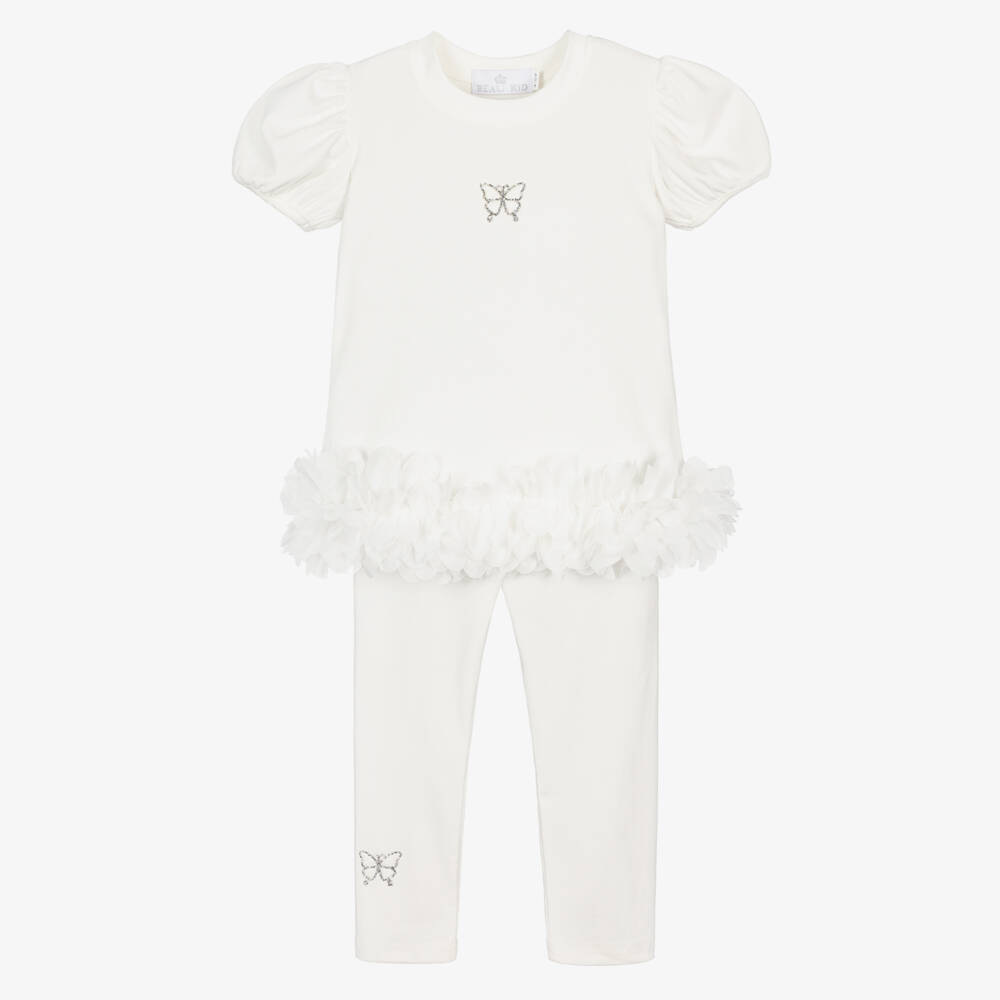 Beau KiD-Girls Ivory Cotton Ruffle Leggings Set with Diamanté Butterflies | Childrensalon Outlet