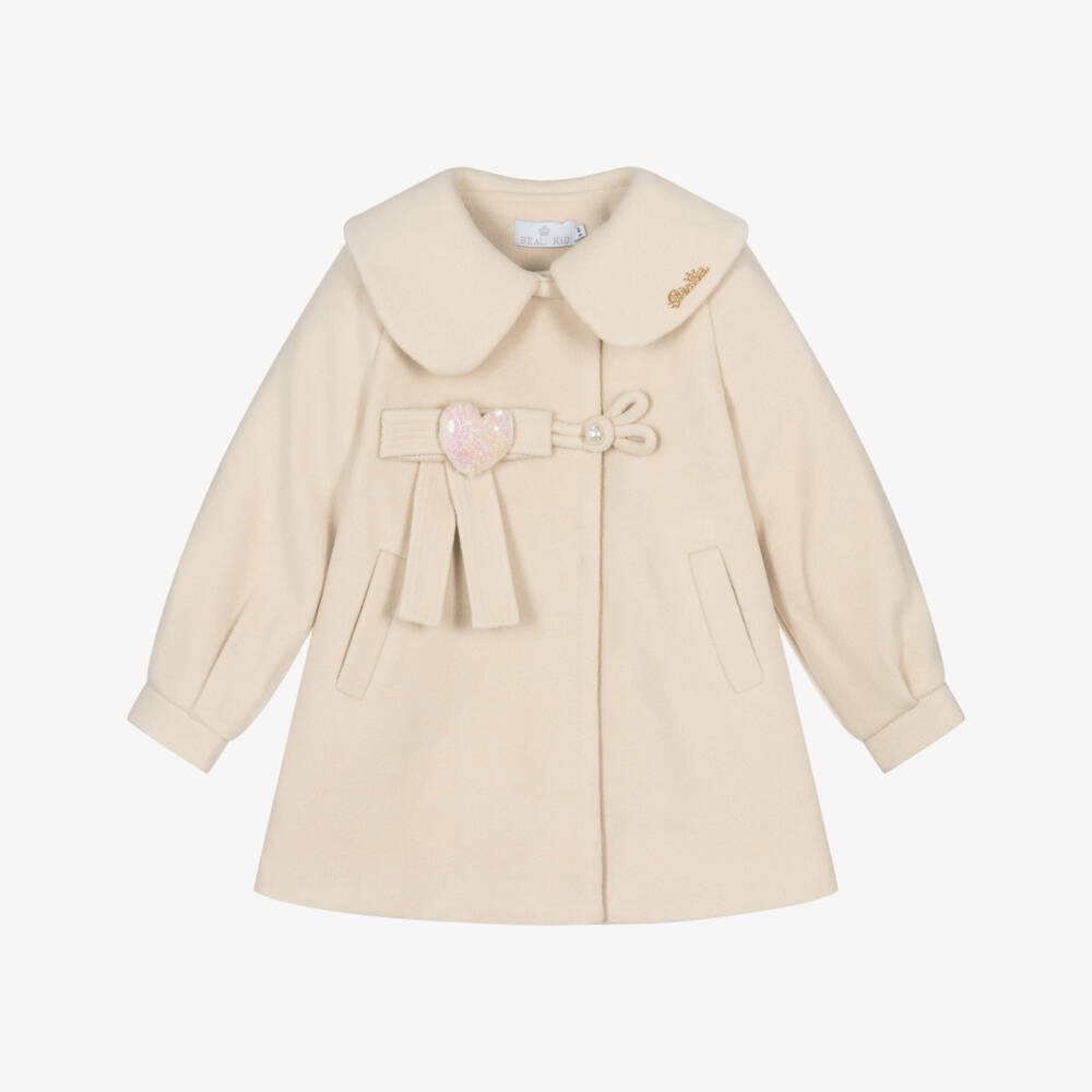 Beau KiD-Girls Ivory Felted Coat with Sequin Heart Detail | Childrensalon Outlet