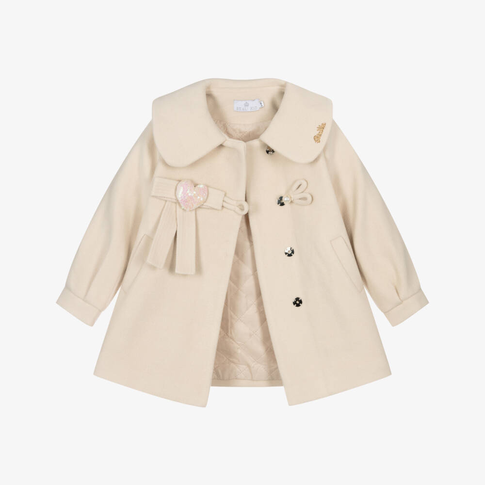 Beau KiD-Girls Ivory Felted Coat with Sequin Heart Detail | Childrensalon Outlet