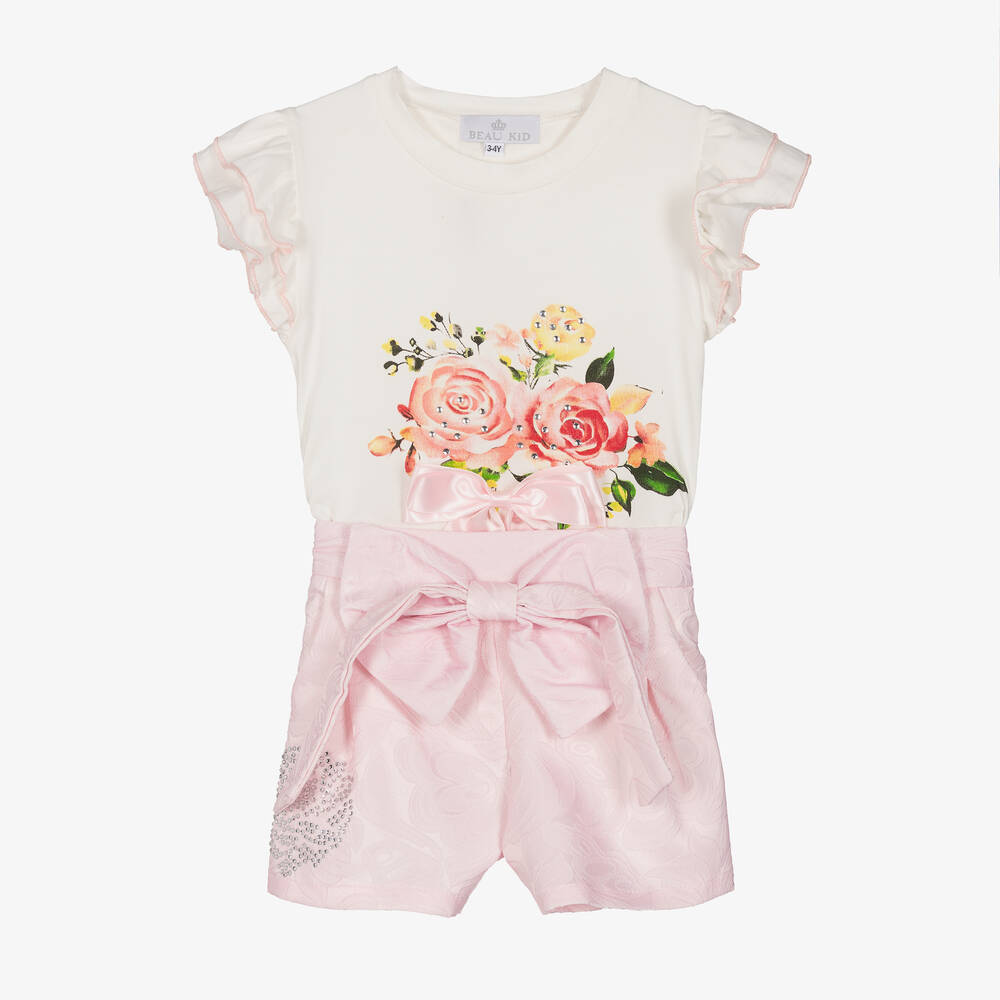 Beau KiD - Girls Ivory & Pink Cotton Shorts Set | Childrensalon