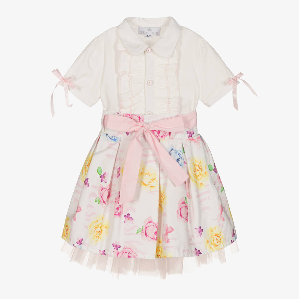 Beau KiD - Girls Ivory & Pink Floral Cotton Skirt Set | Childrensalon