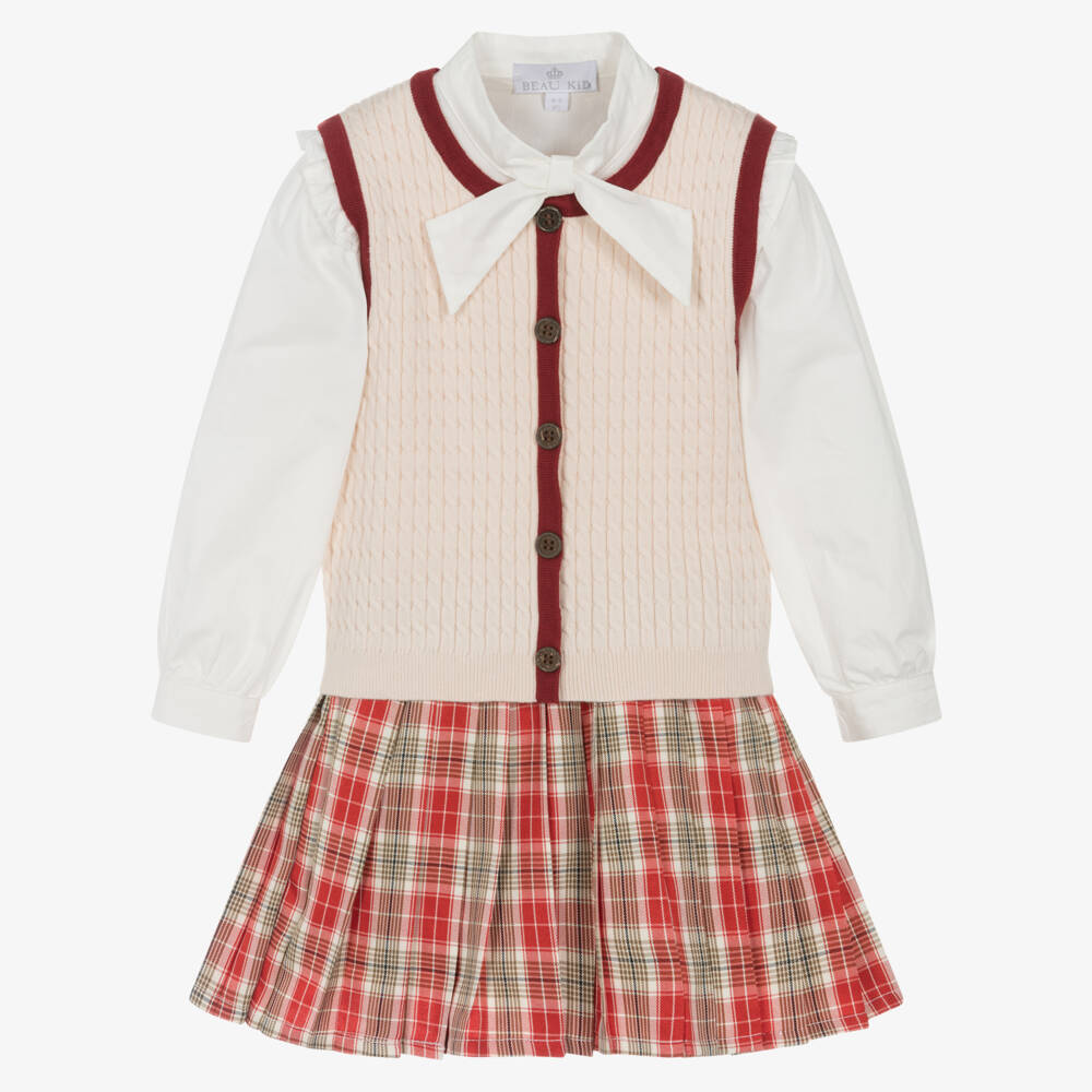 Beau KiD-Girls Ivory & Red Tartan Skirt Set | Childrensalon Outlet