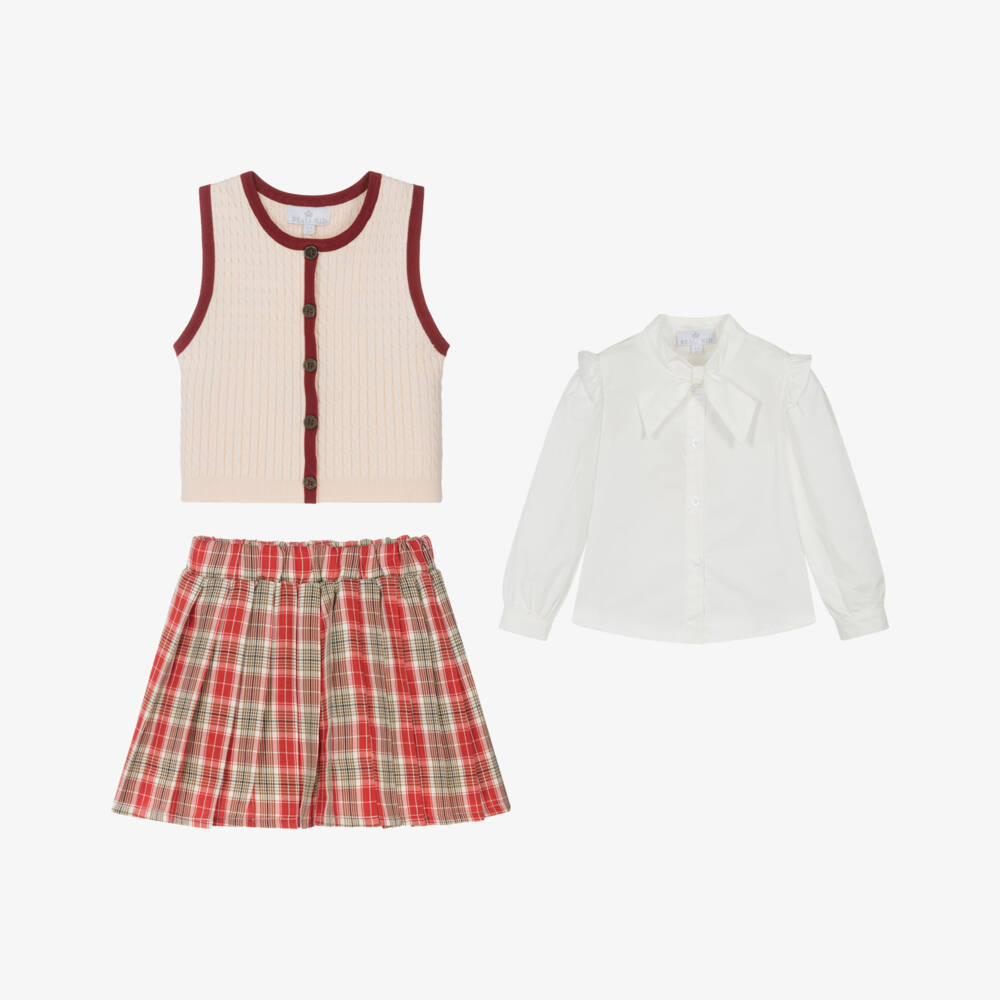 Beau KiD-Girls Ivory & Red Tartan Skirt Set | Childrensalon Outlet