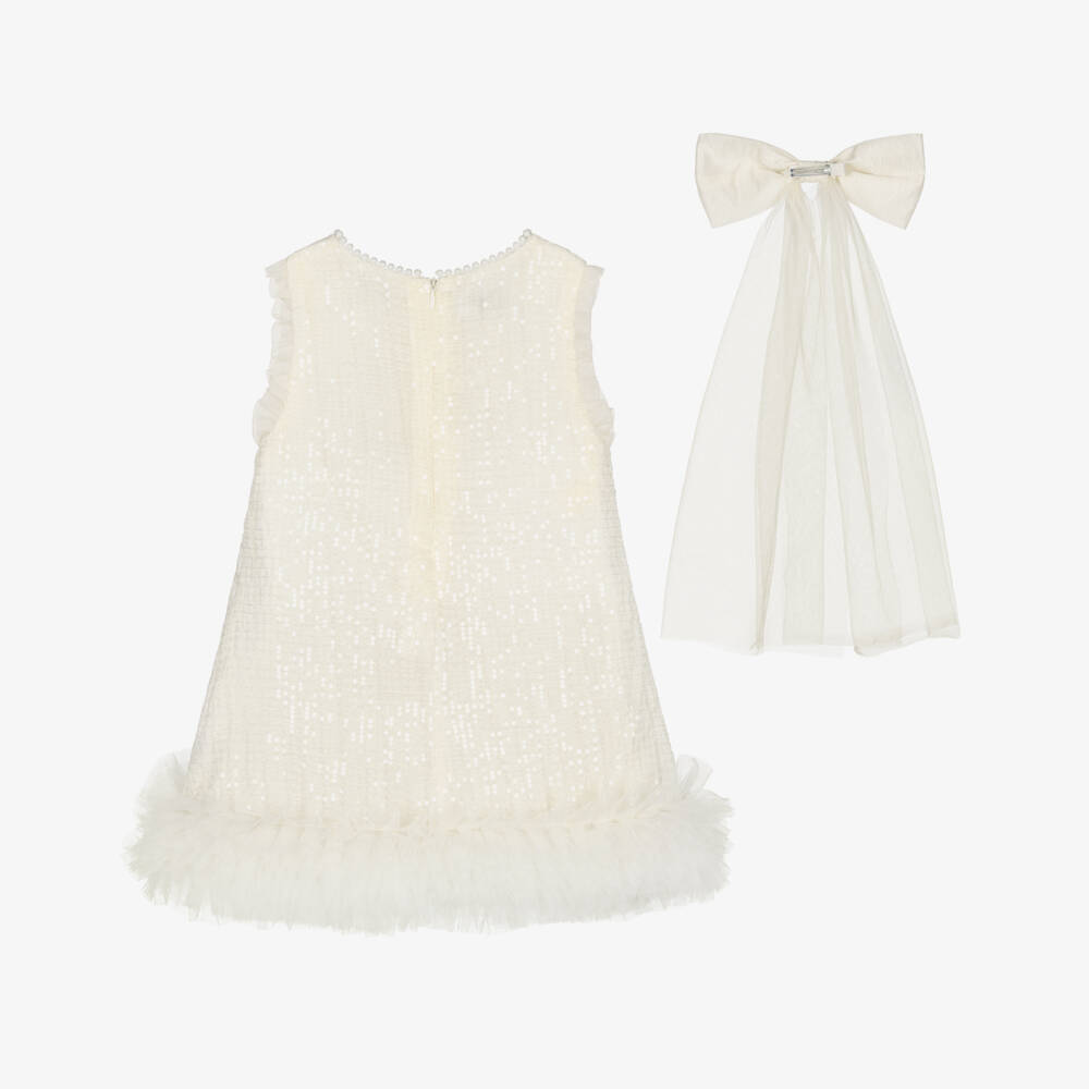 Beau KiD-Girls Ivory Sequin Embellished Tulle Dress & Hair Bow | Childrensalon Outlet
