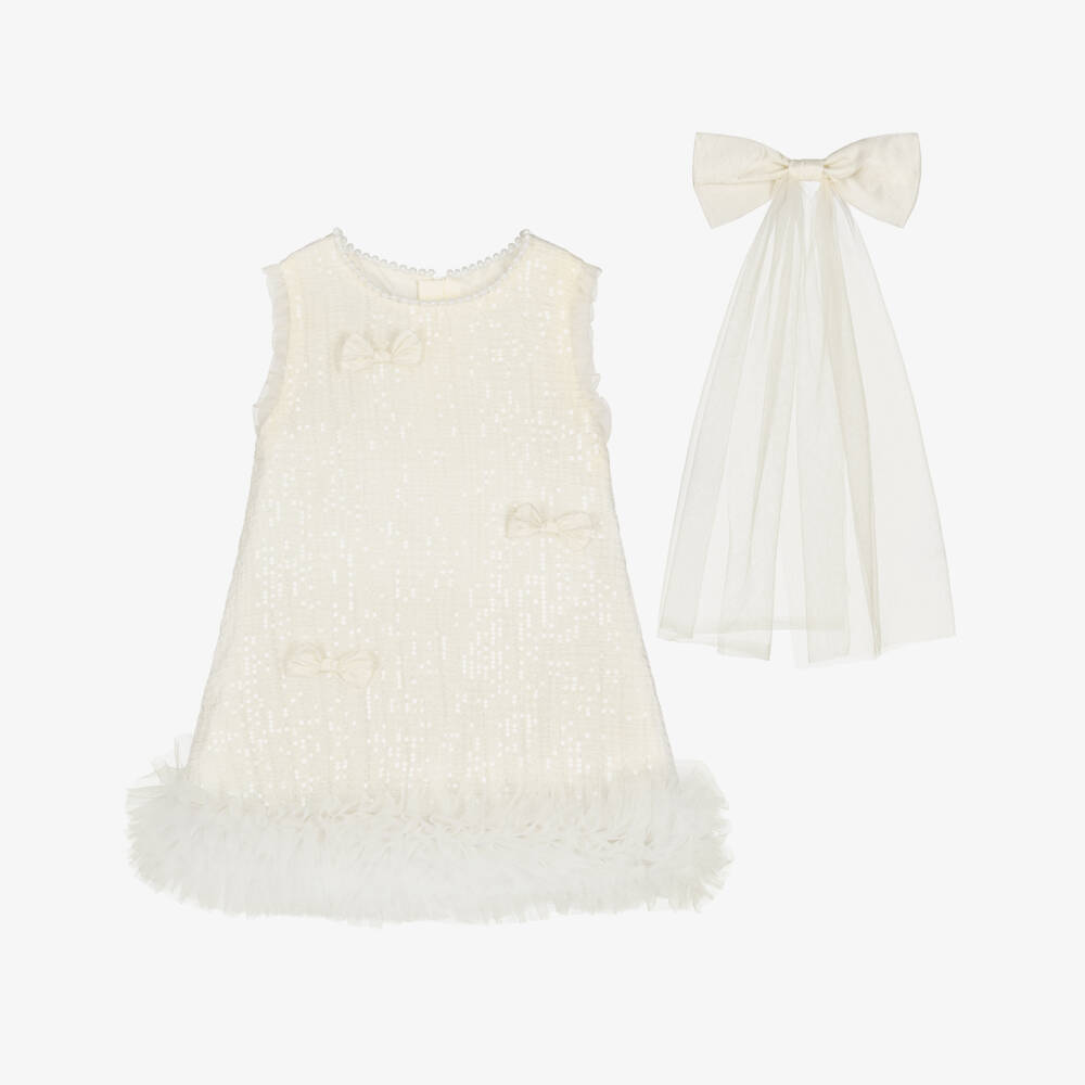 Beau KiD-Girls Ivory Sequin Embellished Tulle Dress & Hair Bow | Childrensalon Outlet