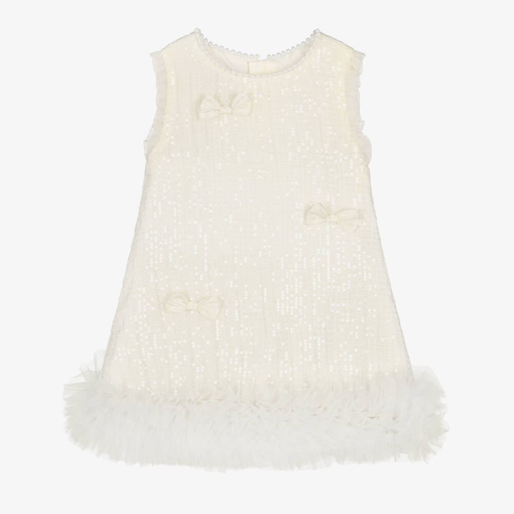 Beau KiD-Girls Ivory Sequin Embellished Tulle Dress & Hair Bow | Childrensalon Outlet