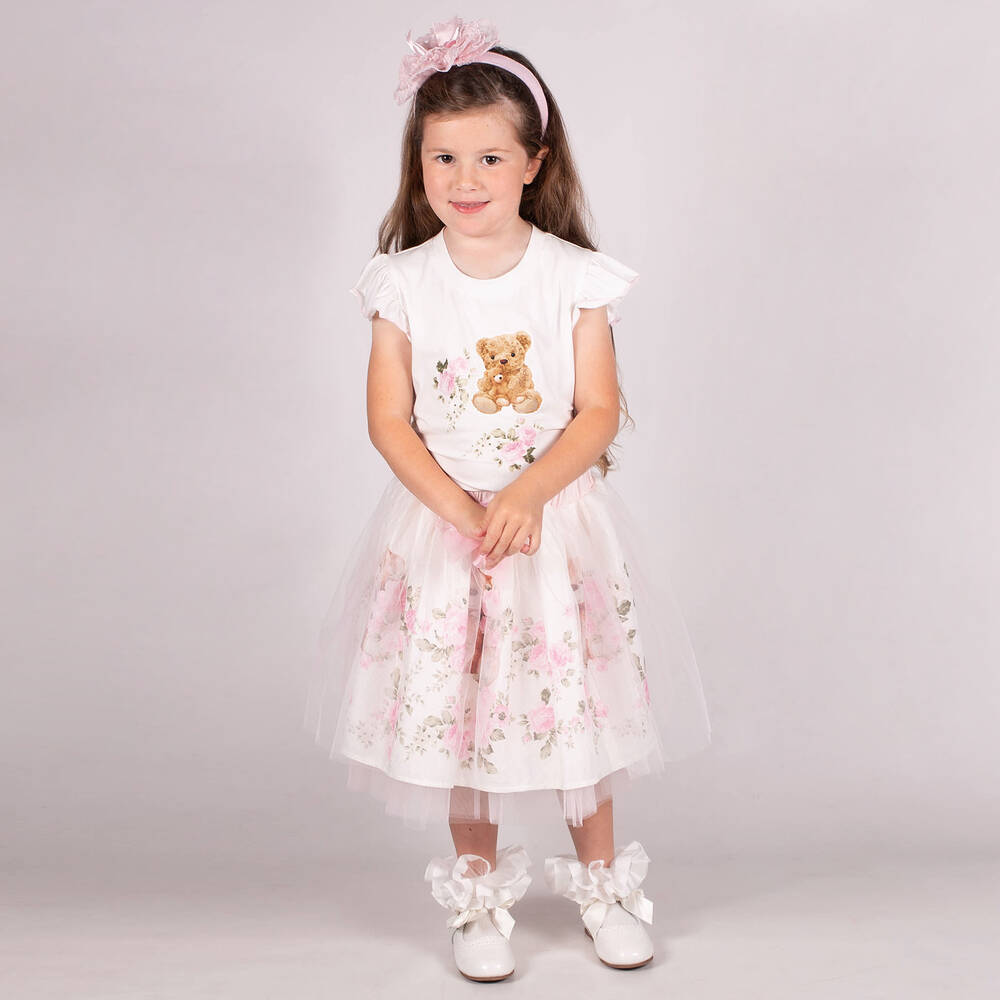 Beau KiD-طقم تنورة بطبعة تيدي بير تول لون عاجي وزهري | Childrensalon Outlet