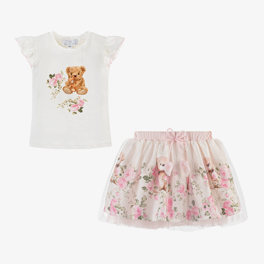 Beau KiD-طقم تنورة بطبعة تيدي بير تول لون عاجي وزهري | Childrensalon Outlet