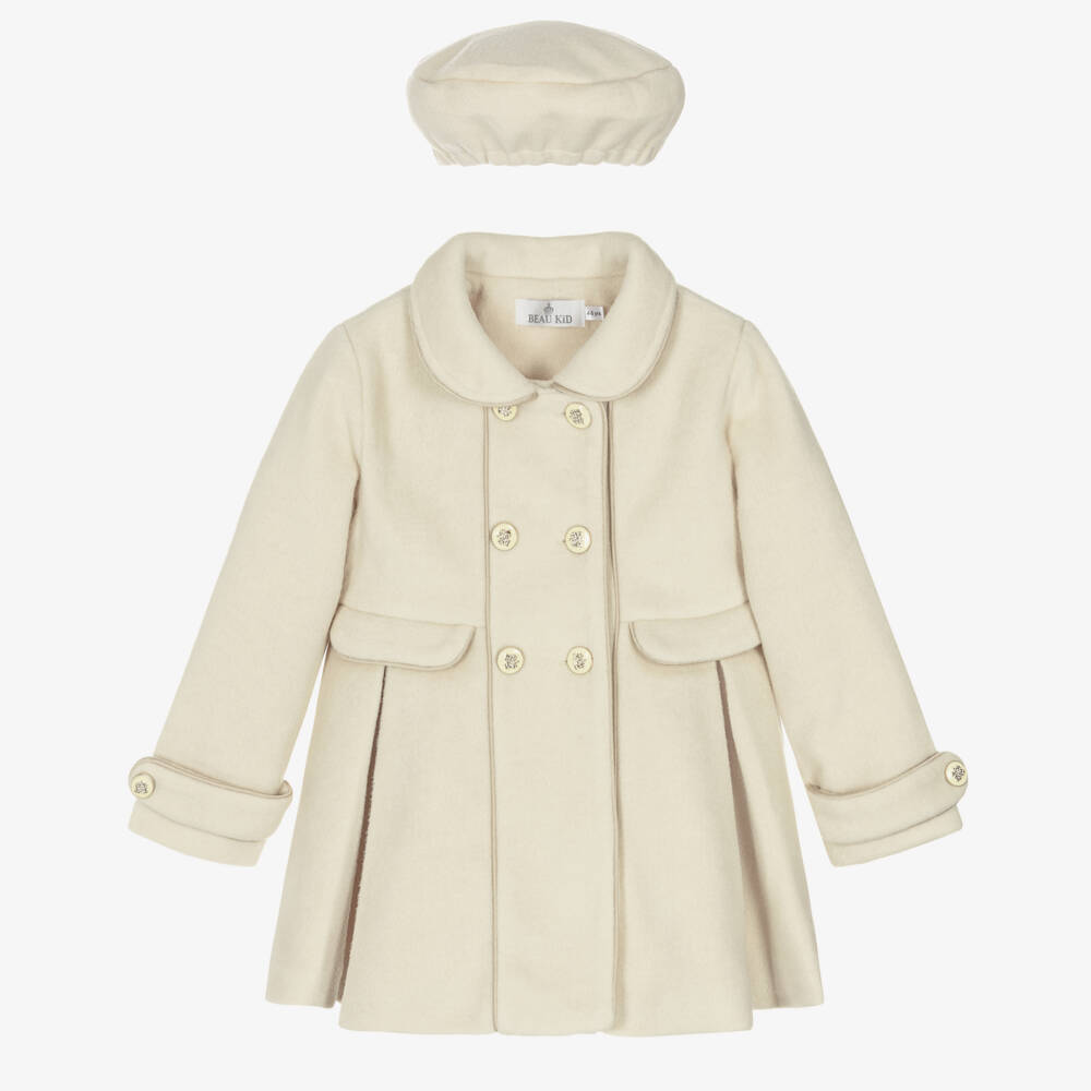 Beau KiD-Girls Ivory Wool Blend Coat & Beret Set | Childrensalon Outlet
