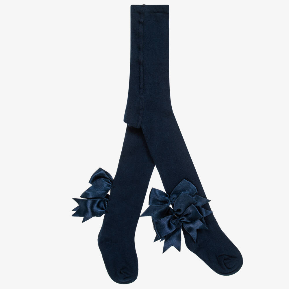 Beau KiD-Girls Navy Blue Cotton Tights with Satin Bows | Childrensalon Outlet