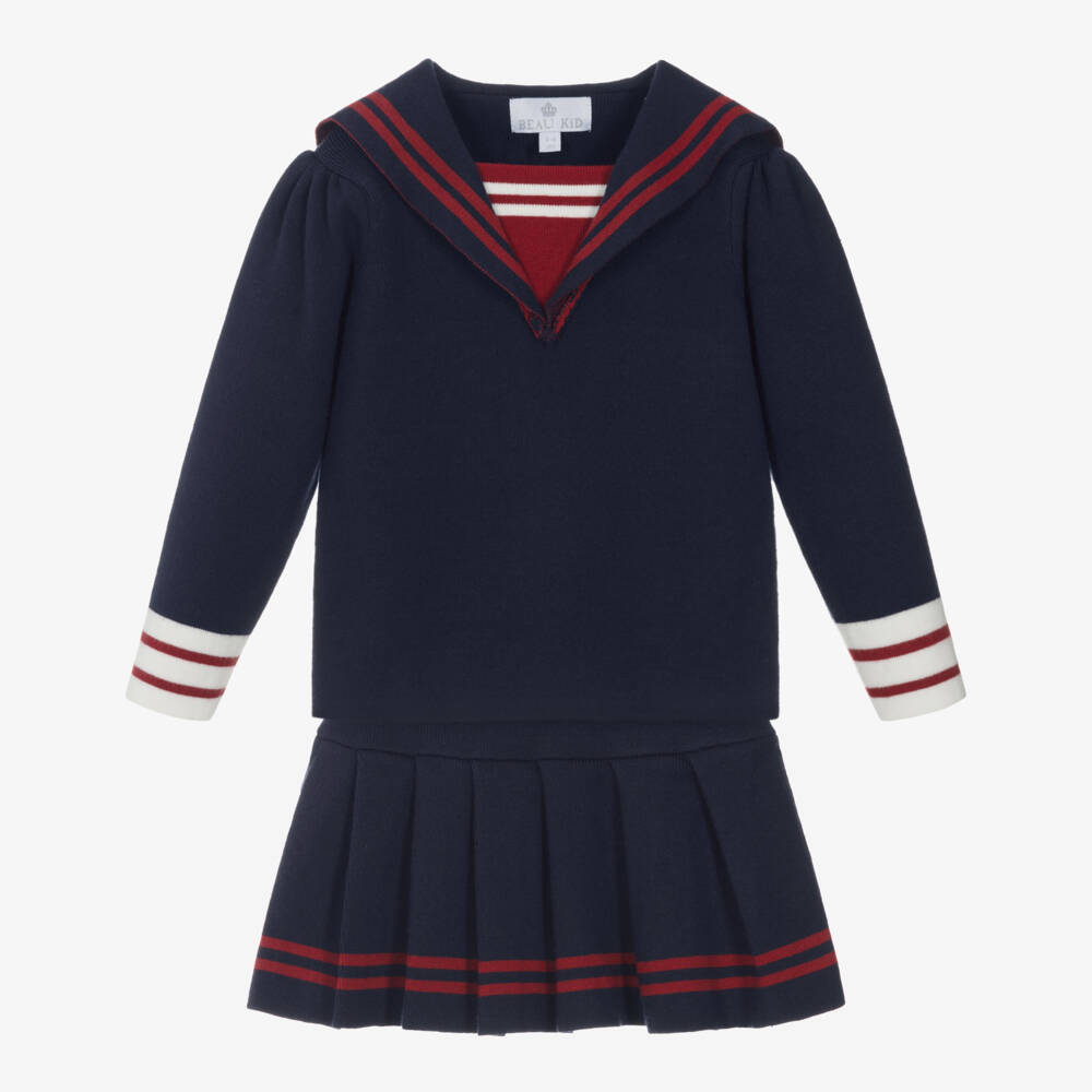 بو كيد-Girls Navy Blue Knitted Sailor Skirt Set | Childrensalon Outlet