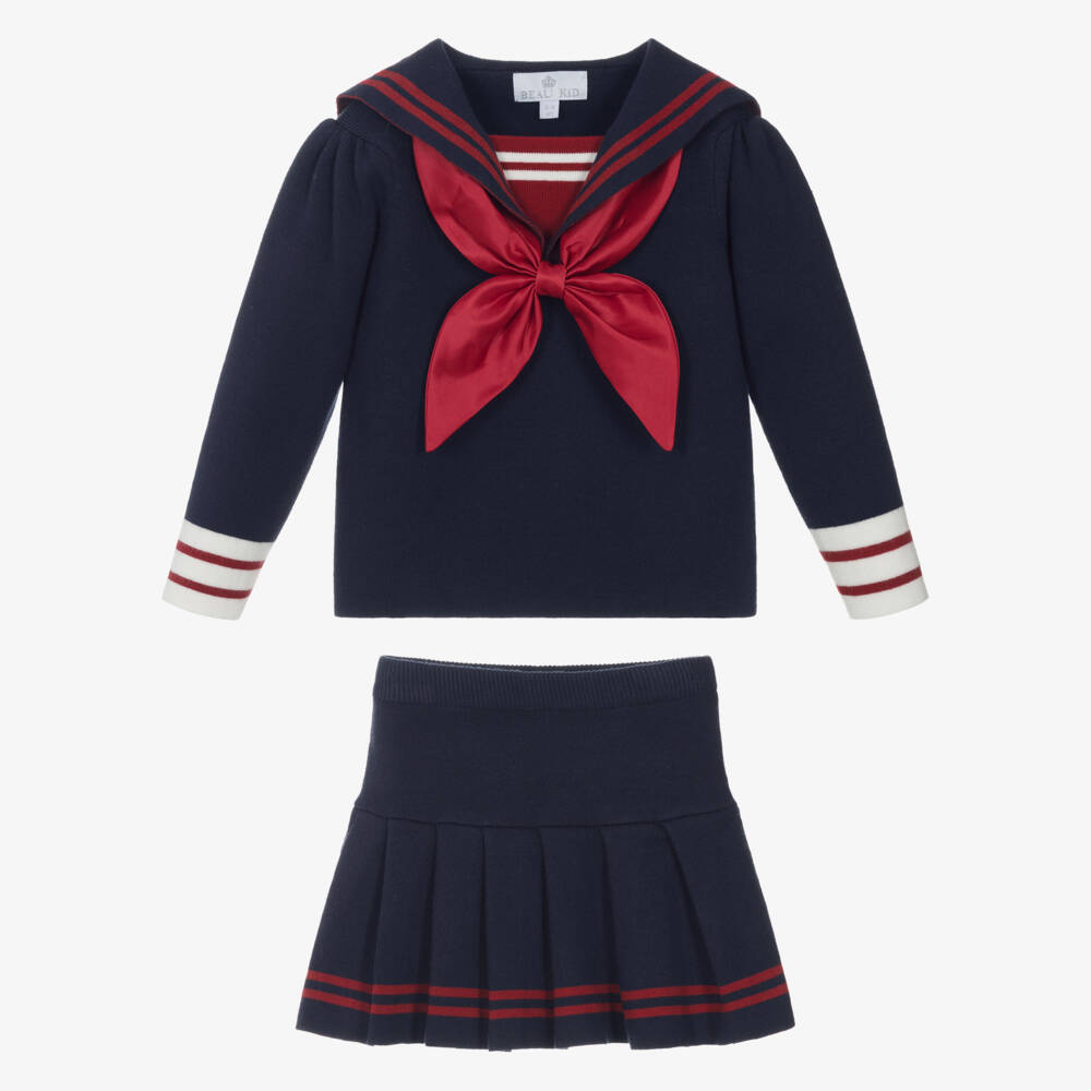 بو كيد-Girls Navy Blue Knitted Sailor Skirt Set | Childrensalon Outlet