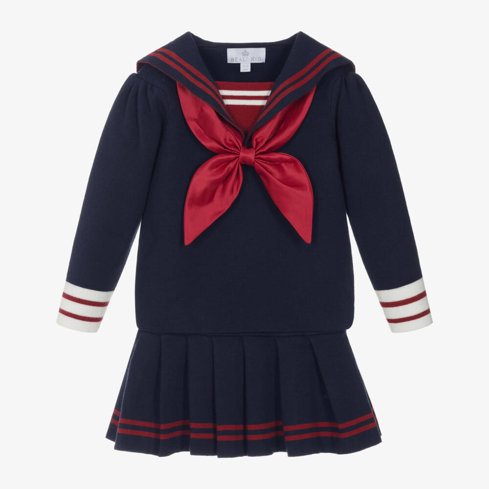 Beau KiD-Girls Navy Blue Knitted Sailor Skirt Set | Childrensalon Outlet