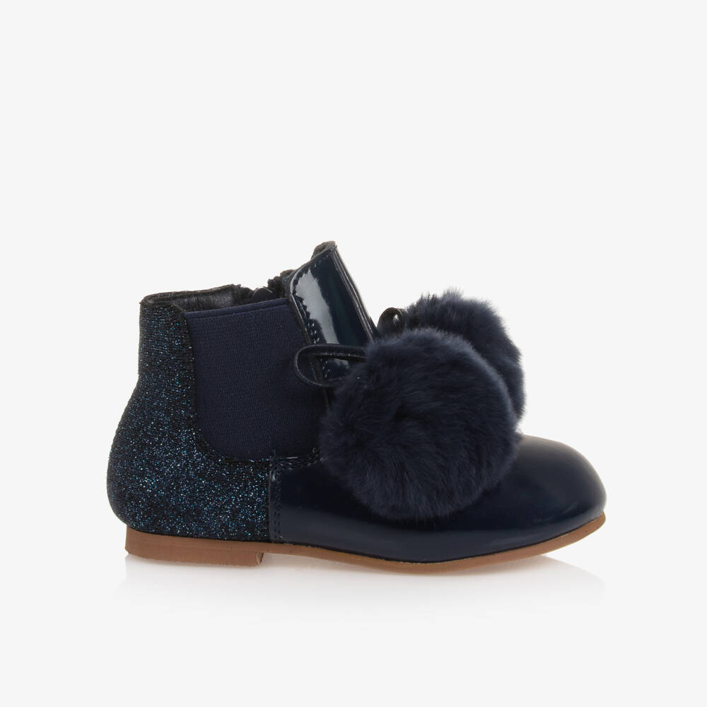 Beau KiD-Girls Navy Patent Pom-Pom Boots | Childrensalon Outlet