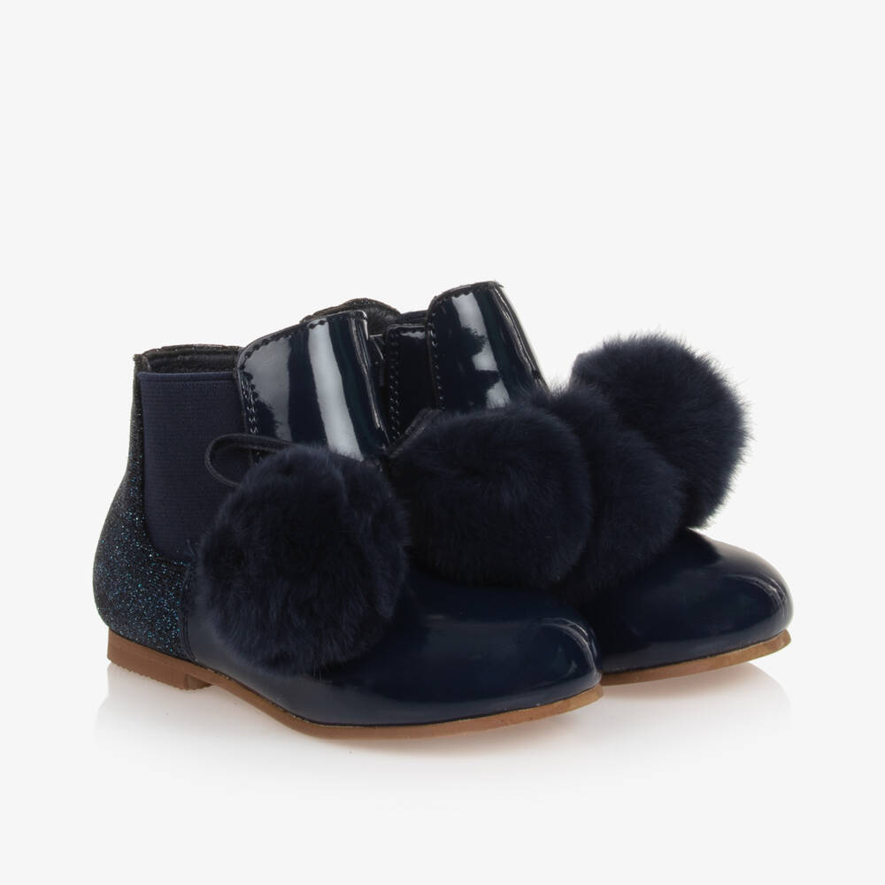 Beau KiD-Girls Navy Patent Pom-Pom Boots | Childrensalon Outlet