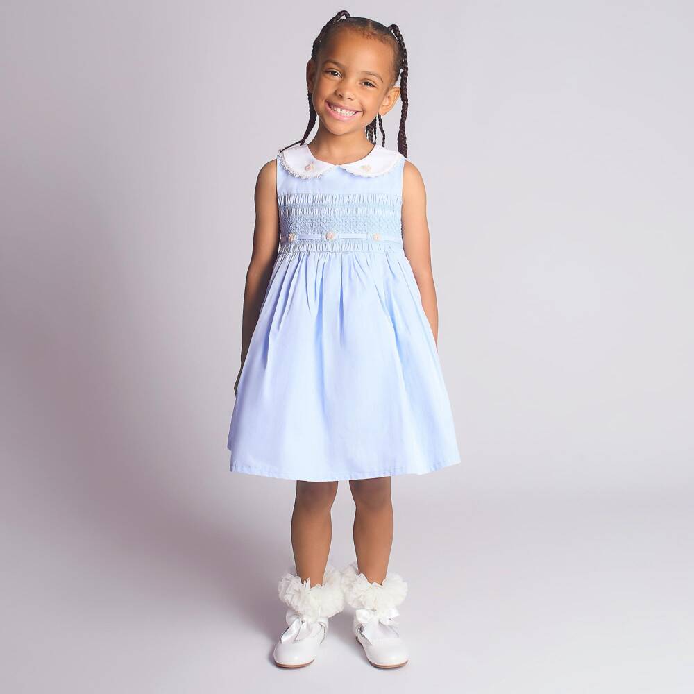 Beau KiD-Girls Pale Blue Smocked Cotton Dress | Childrensalon Outlet