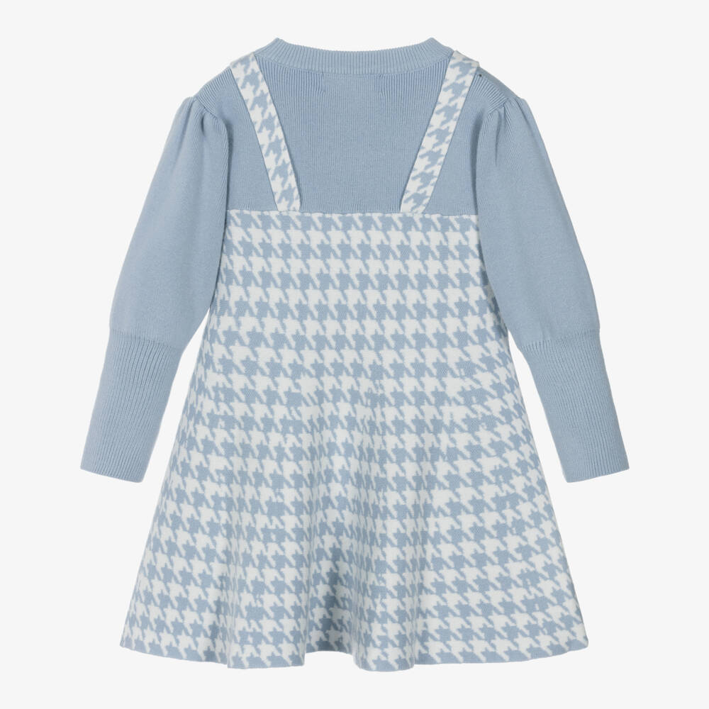 Beau KiD-Girls Pale Blue & White Knitted Houndstooth Dress | Childrensalon Outlet