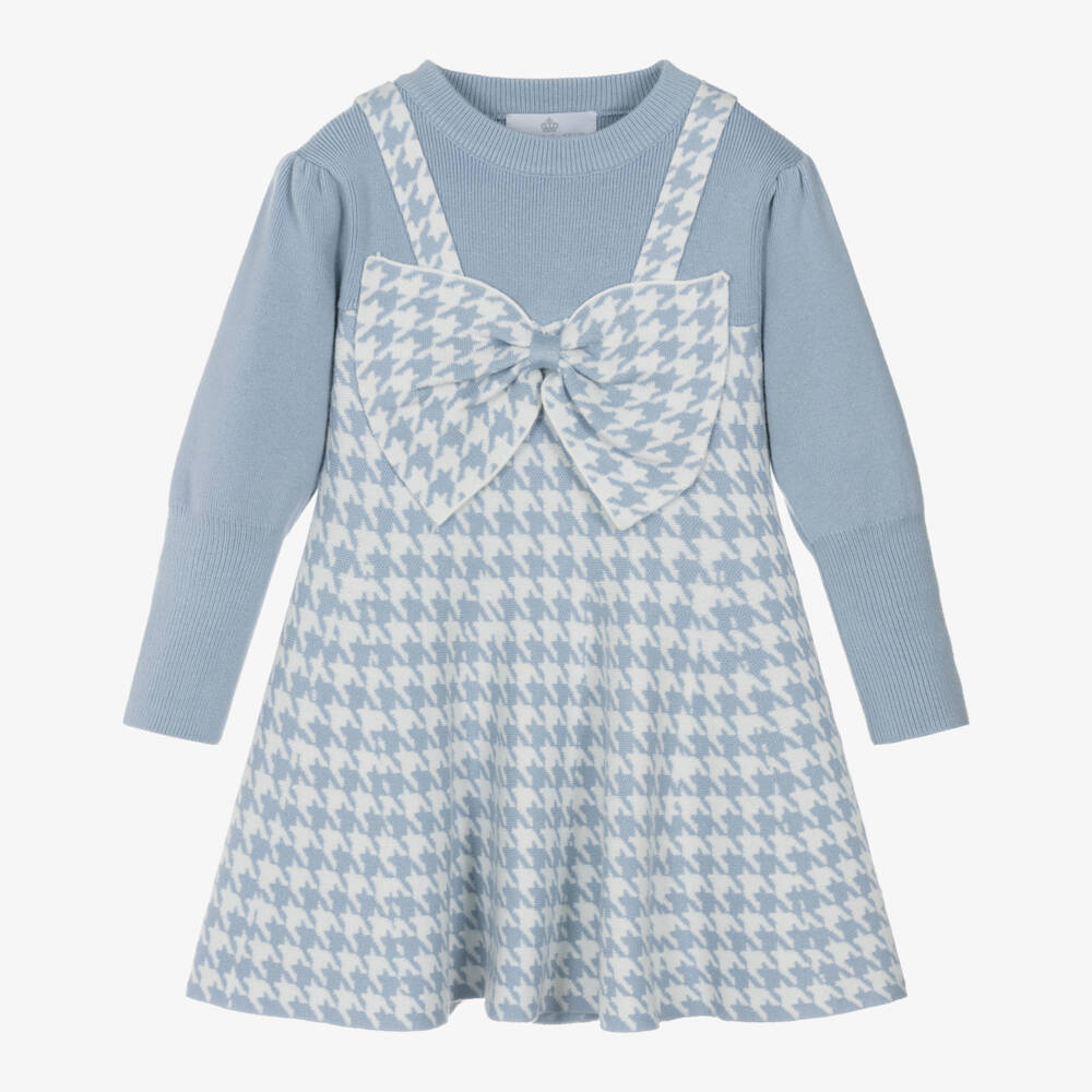Beau KiD-Girls Pale Blue & White Knitted Houndstooth Dress | Childrensalon Outlet