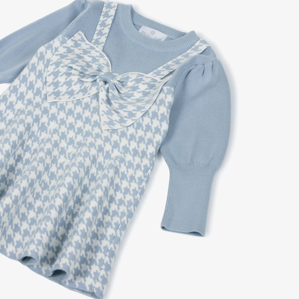 Beau KiD-Girls Pale Blue & White Knitted Houndstooth Dress | Childrensalon Outlet