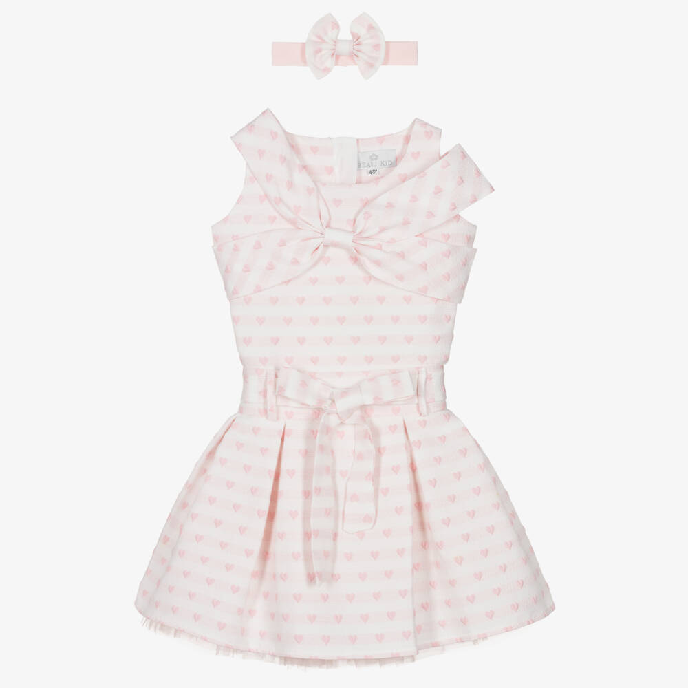 Beau KiD-Girls Pale Pink Jacquard Skirt Set with Hearts & Bows | Childrensalon Outlet