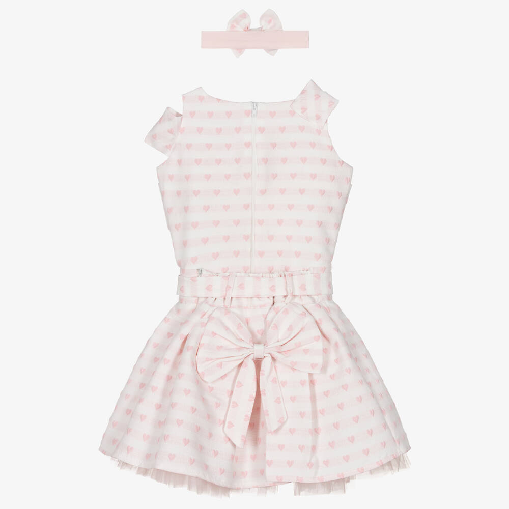 Beau KiD-Girls Pale Pink Jacquard Skirt Set with Hearts & Bows | Childrensalon Outlet