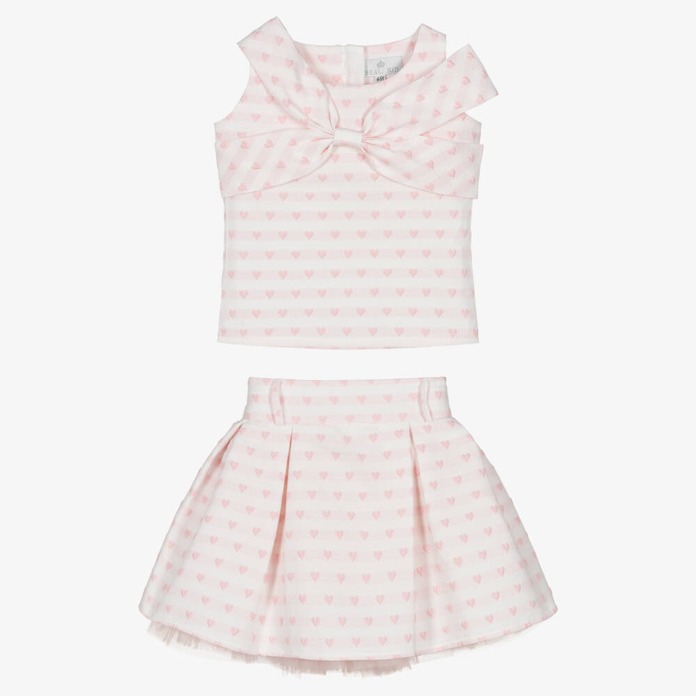Beau KiD-Girls Pale Pink Jacquard Skirt Set with Hearts & Bows | Childrensalon Outlet