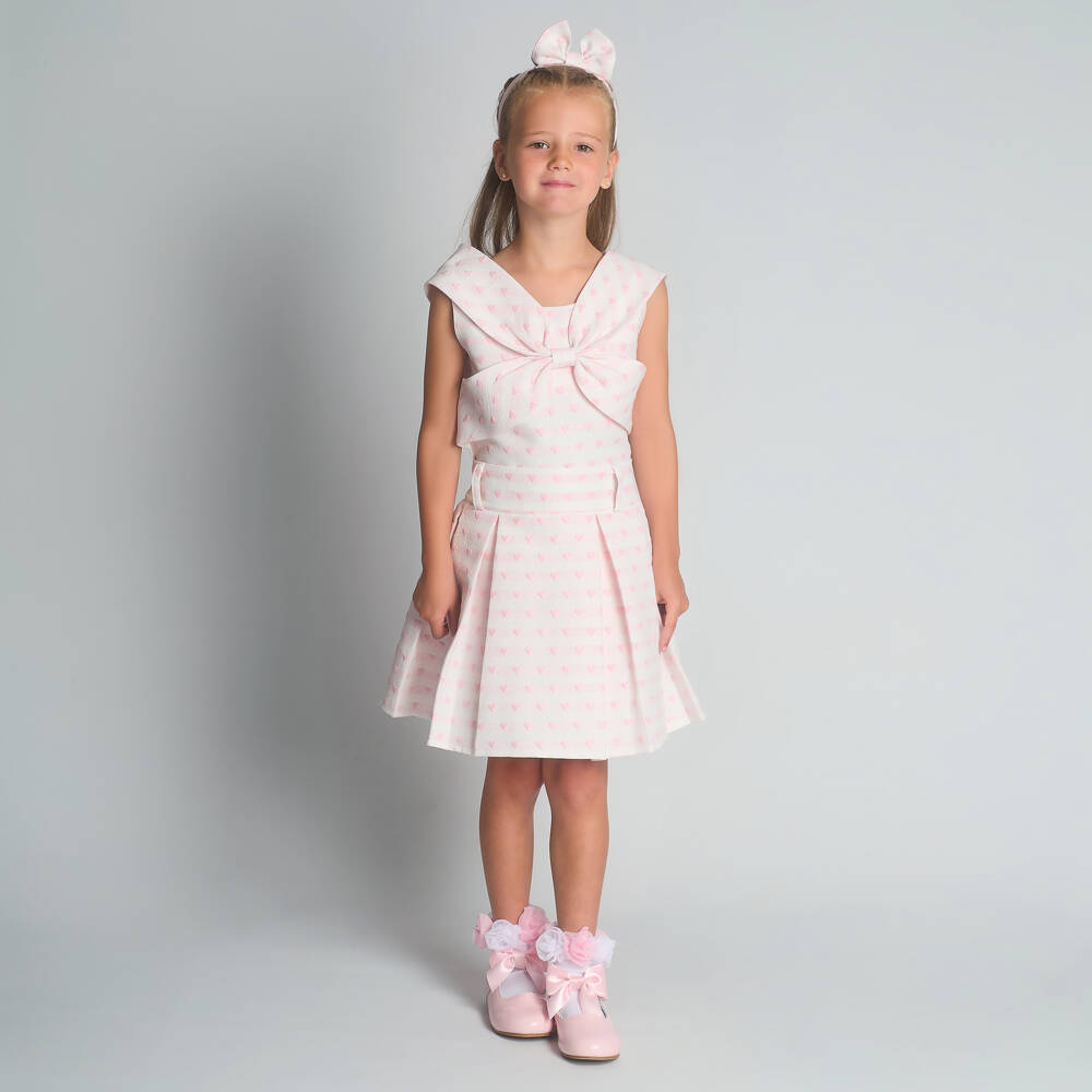 Beau KiD-Girls Pale Pink Jacquard Skirt Set with Hearts & Bows | Childrensalon Outlet